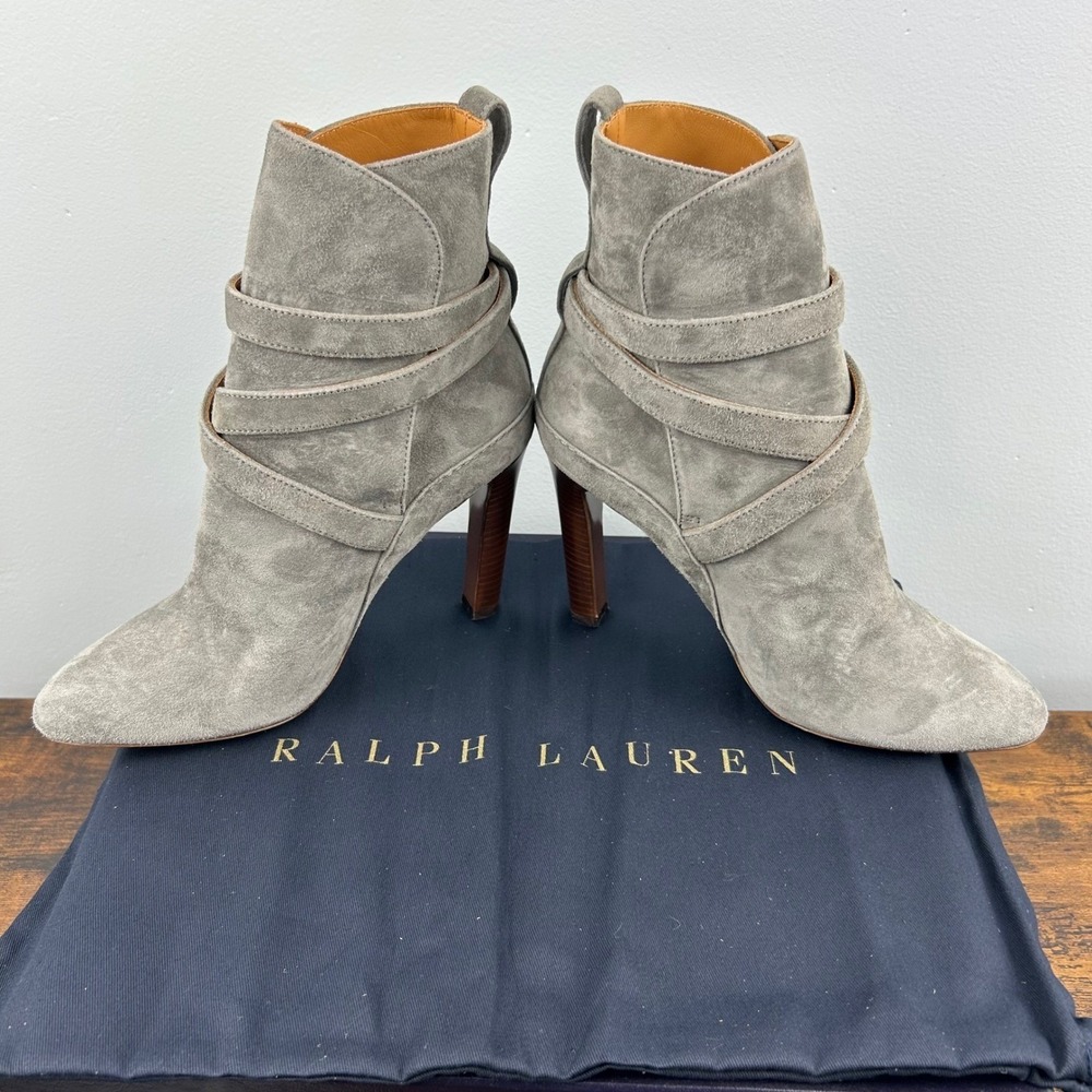 Ralph Lauren Purple Label Grey Suede Strappy Ankle Boots Made in Italy 38B